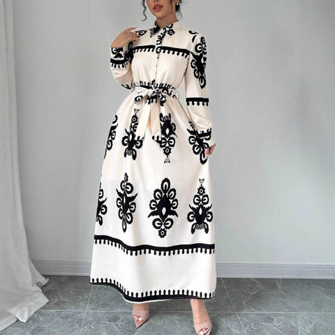 Image of Style Printed Tie-up Long Dress with A-line Silhouette