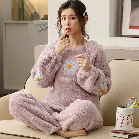 Image of Winter Warm Green Silk Pyjama Sets for Women