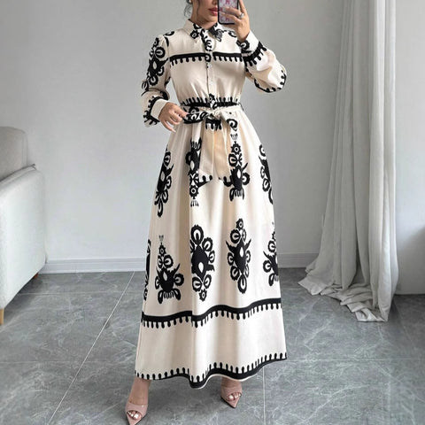 Image of Style Printed Tie-up Long Dress with A-line Silhouette