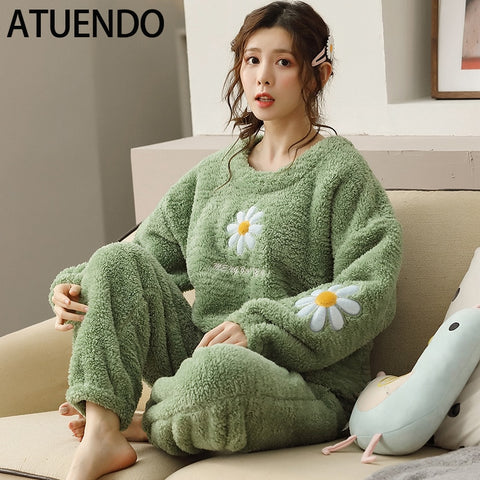 Image of Winter Warm Green Silk Pyjama Sets for Women