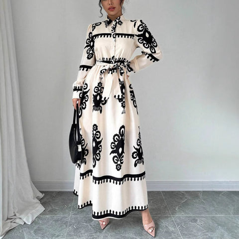 Image of Style Printed Tie-up Long Dress with A-line Silhouette