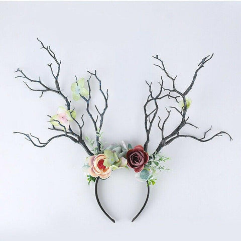Image of Gothic Antlers Deer Horns Flower Hair Band Christmas.