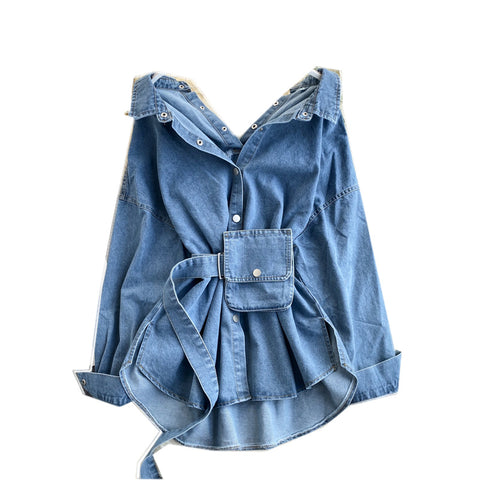 Image of Denim Shirt Women's Design Sense Of Niche Backless Lace Up