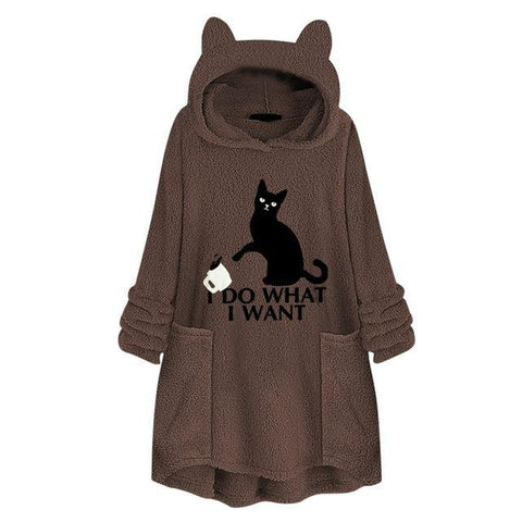 Image of winter Fleece Cat Ear Long Pocket loose Casual Hoodie.