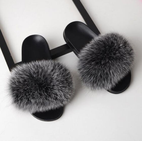 Image of Solid Fox Fur Slides Slippers.