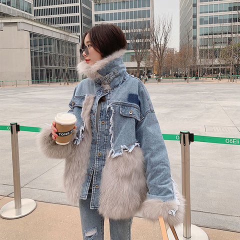 Image of Denim Stitching Fur Coat