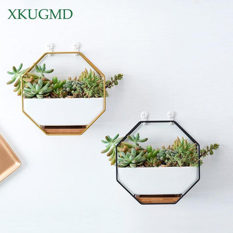 Image of Metal Iron Hanging Ceramic Flower Pot Bamboo Tray Iron Frame.