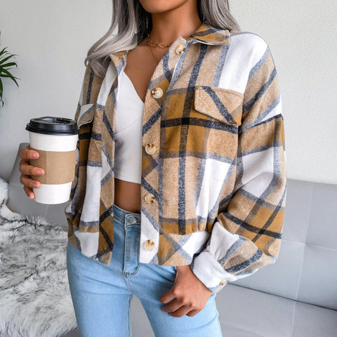 Image of Autumn/Winter Plaid Lantern Long Sleeve Woolen Jacket Women