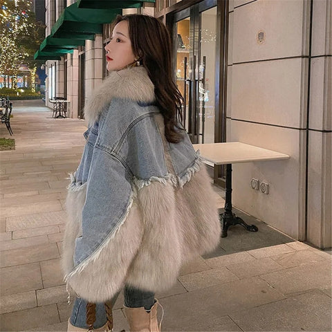 Image of Denim Stitching Fur Coat