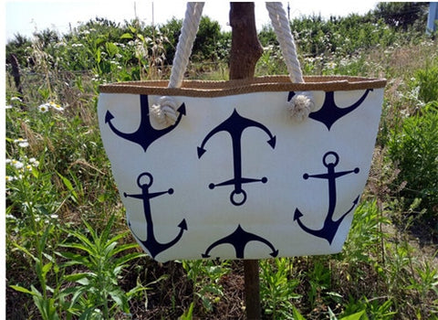 Image of Straw Weave Printed Anchor Canvas Bag
