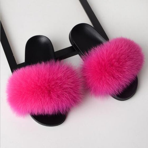 Image of Solid Fox Fur Slides Slippers.