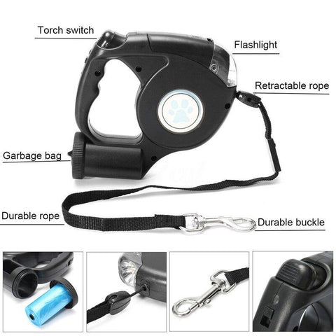 Image of LED Flashlight Extendable Retractable Pet Dog Leash Lead with Garbage.