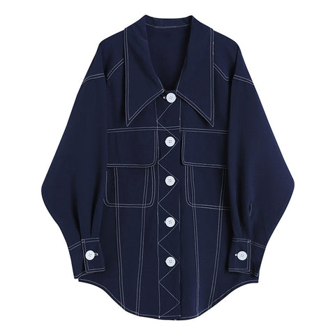 Image of Denim Blouse New Lapel Long Sleeve Loose Fit Shirt