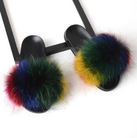 Image of Solid Fox Fur Slides Slippers.