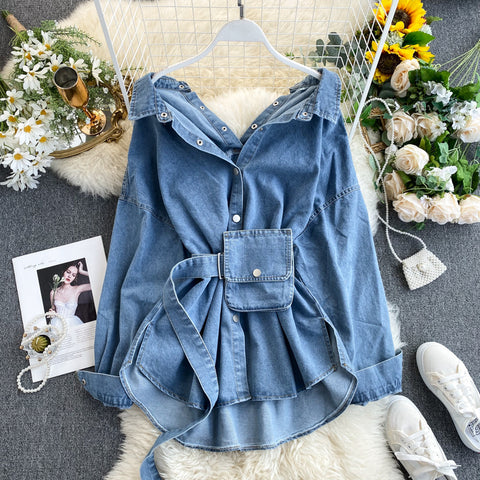 Image of Denim Shirt Women's Design Sense Of Niche Backless Lace Up