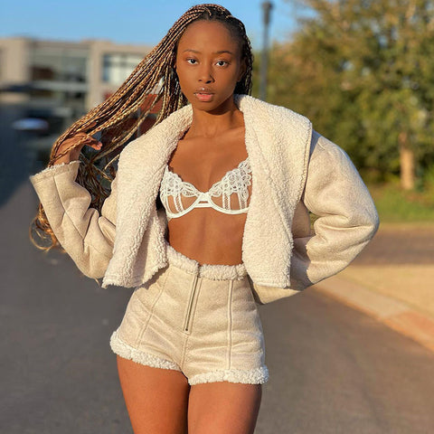 Image of Long Sleeve Lapel Short Cardigan Slim Warm Jacket