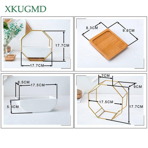 Image of Metal Iron Hanging Ceramic Flower Pot Bamboo Tray Iron Frame.