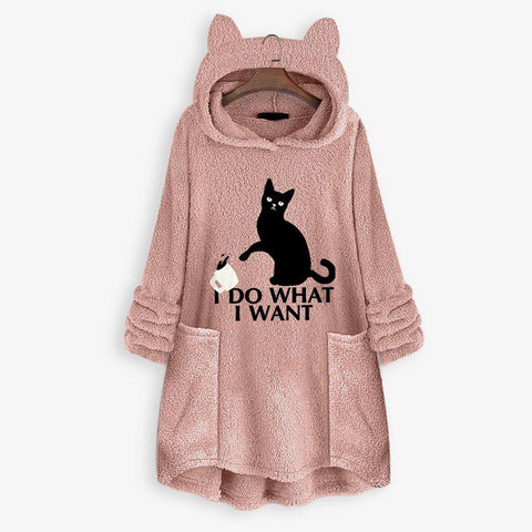 Image of winter Fleece Cat Ear Long Pocket loose Casual Hoodie.