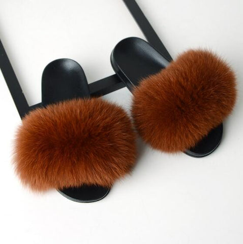 Image of Solid Fox Fur Slides Slippers.