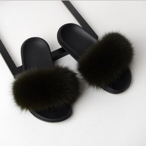 Image of Solid Fox Fur Slides Slippers.