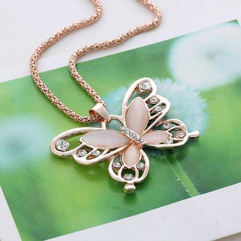 Image of Rose Gold Opal Butterfly Pendant Necklace.