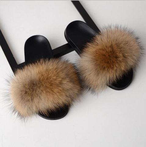 Image of Solid Fox Fur Slides Slippers.