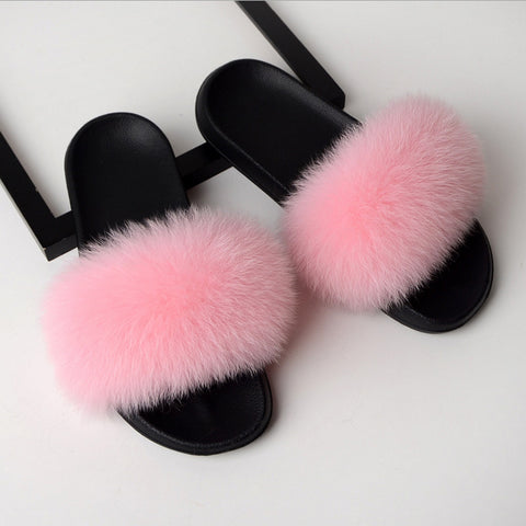 Image of Solid Fox Fur Slides Slippers.