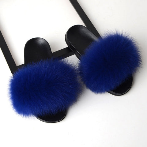 Image of Solid Fox Fur Slides Slippers.