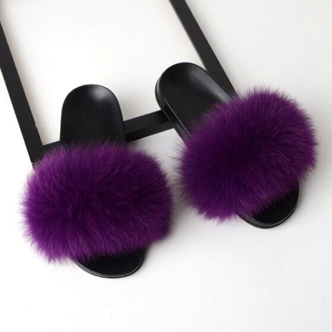 Image of Solid Fox Fur Slides Slippers.