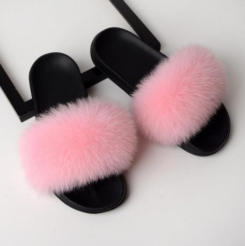 Image of Solid Fox Fur Slides Slippers.
