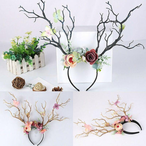 Image of Gothic Antlers Deer Horns Flower Hair Band Christmas.