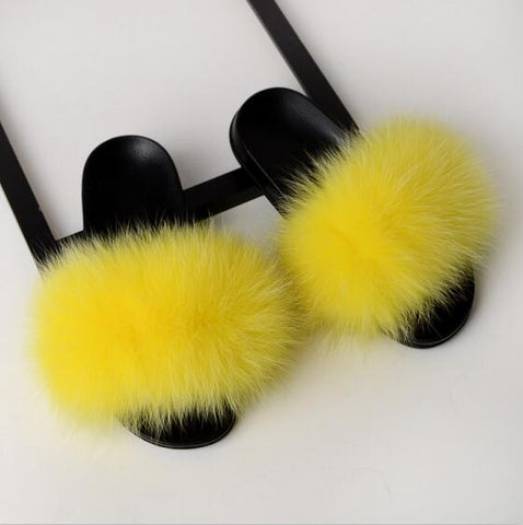 Image of Solid Fox Fur Slides Slippers.