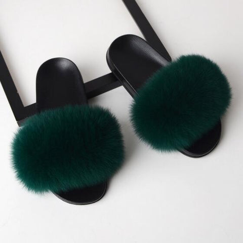 Image of Solid Fox Fur Slides Slippers.