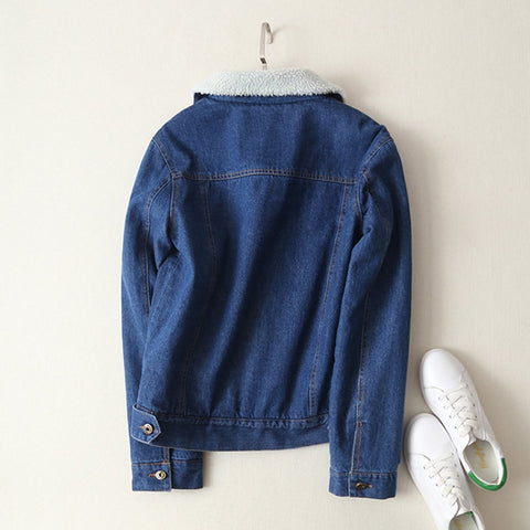 Image of Long Sleeves Warm Jeans Coat Outwear Wide Denim Jacket.