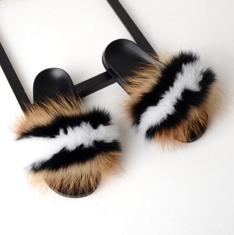 Image of Solid Fox Fur Slides Slippers.