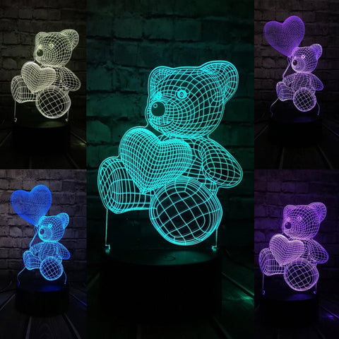 Image of Teddy Bear Hold Love Heart Balloon 3D USB LED Lamp.