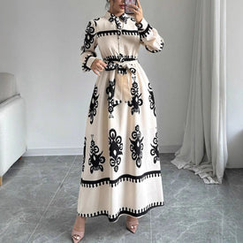 Style Printed Tie-up Long Dress with A-line Silhouette