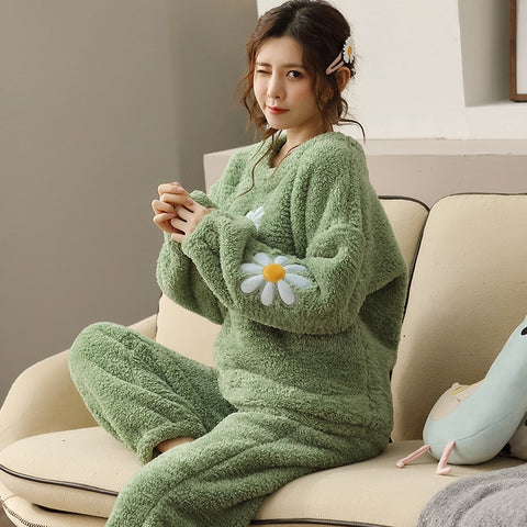 Image of Winter Warm Green Silk Pyjama Sets for Women