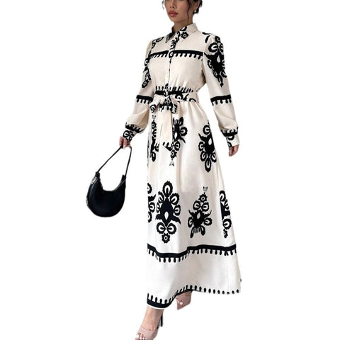 Image of Style Printed Tie-up Long Dress with A-line Silhouette