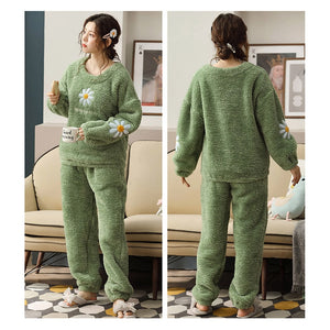 Winter Warm Green Silk Pyjama Sets for Women