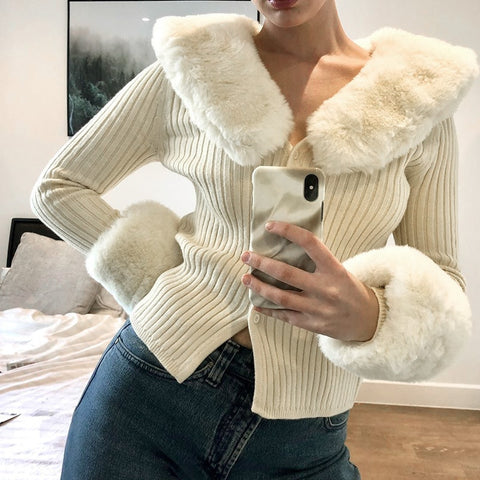 Image of Winter Fluffy Faux Fur Knitted Top Coats and Jackets