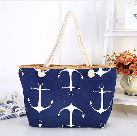 Image of Straw Weave Printed Anchor Canvas Bag