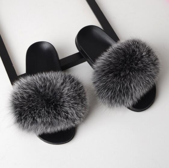 Solid Fox Fur Slides Slippers.
