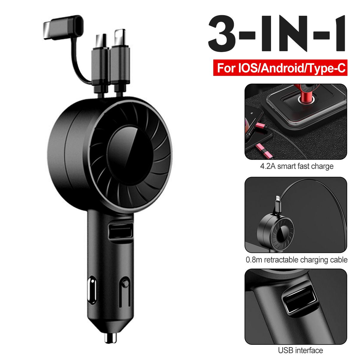 3-IN-1  IOS/Android/Type-C USB Car Charger