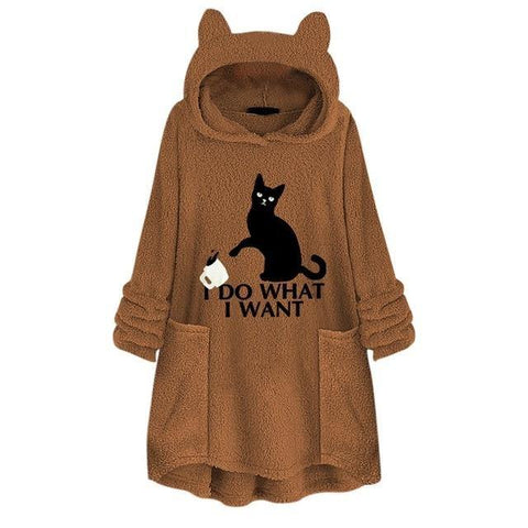 Image of winter Fleece Cat Ear Long Pocket loose Casual Hoodie.