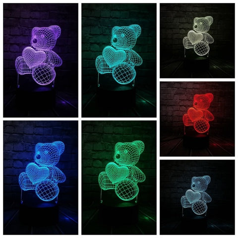 Image of Teddy Bear Hold Love Heart Balloon 3D USB LED Lamp.