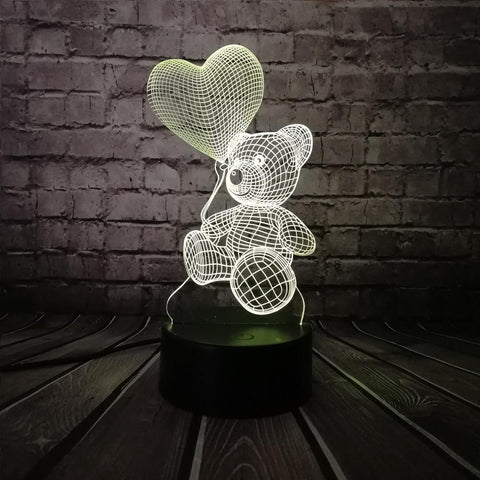 Image of Teddy Bear Hold Love Heart Balloon 3D USB LED Lamp.