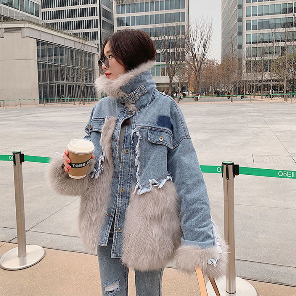 Denim Stitching Fur Coat