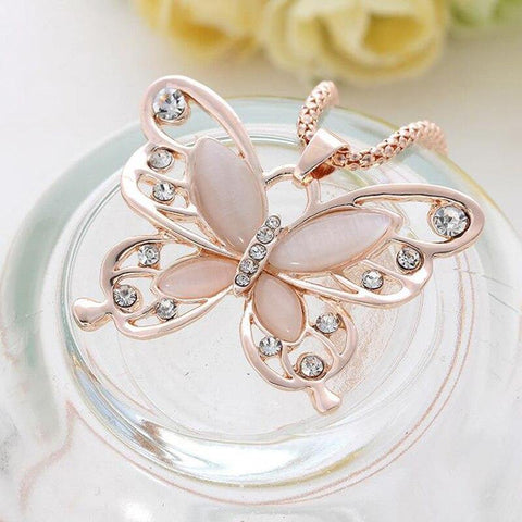 Image of Rose Gold Opal Butterfly Pendant  Necklace.