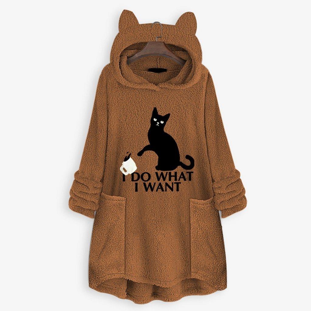 winter Fleece Cat Ear Long Pocket loose Casual Hoodie.